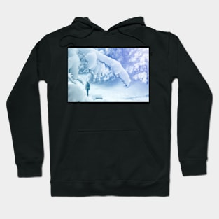 Alone tourist walking through snowy forest Hoodie